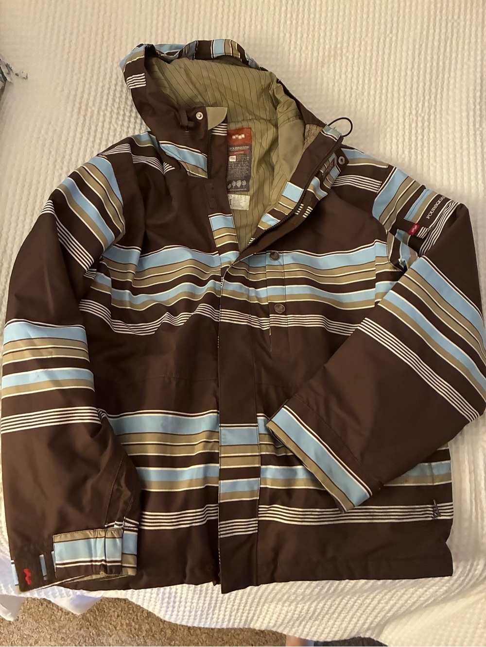 Men's Brown and Light Blue Striped Ski and Snowboard Jacket